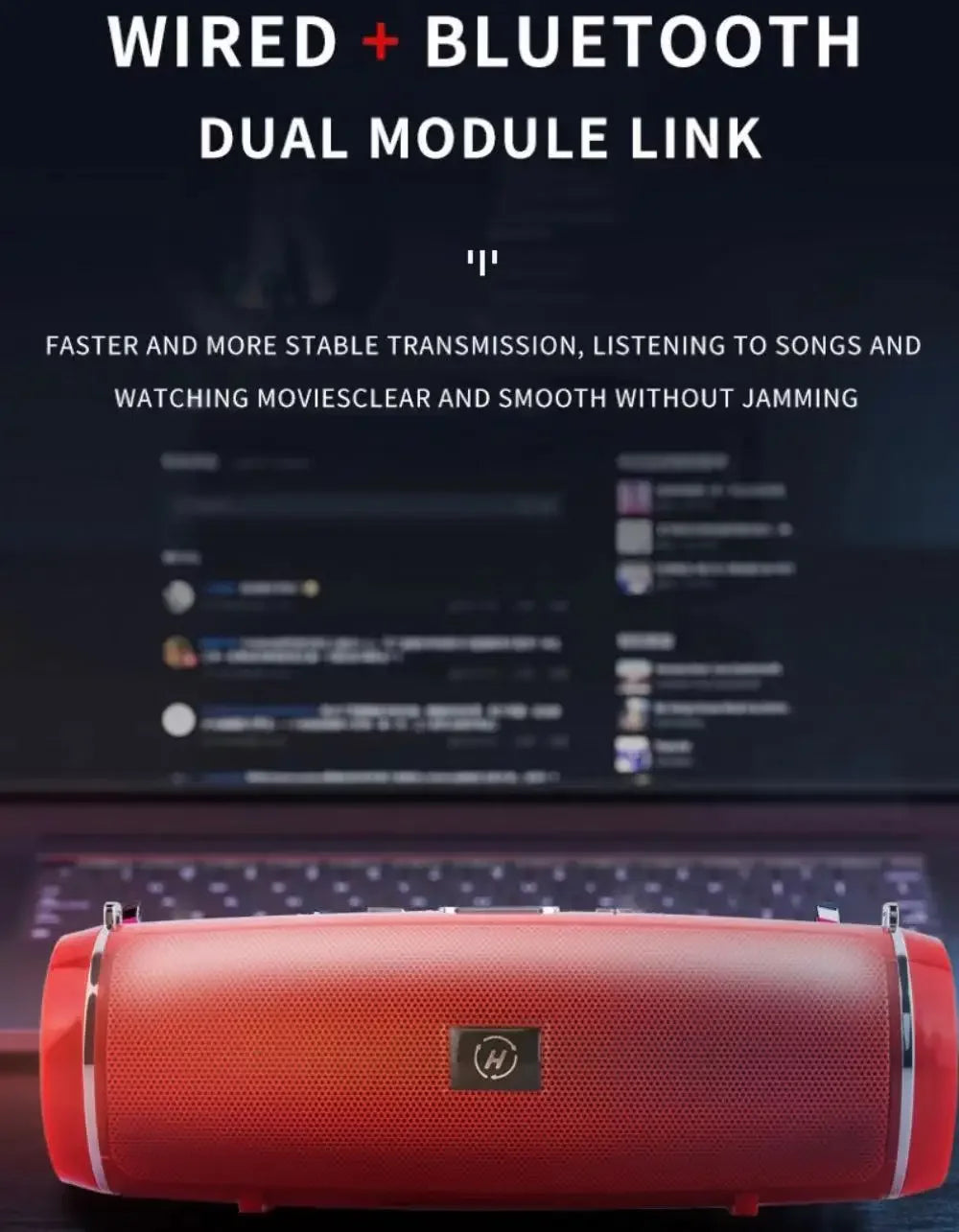 Enceinte sans fil rouge posée devant un ordinateur portable avec texte sur connexion filaire et Bluetooth stable