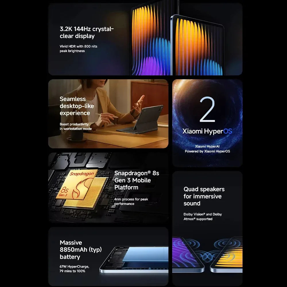 Tablette Xiaomi avec écran 3.2K 144Hz, Snapdragon 8s Gen 3, batterie 8850mAh, quad haut-parleurs immersive, HyperOS