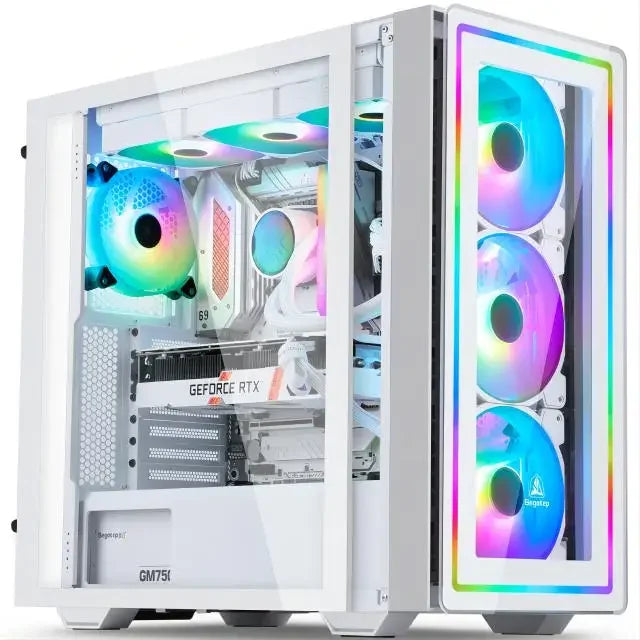 PC gamer blanc avec refroidissement RGB, cartes GeForce RTX et ventilateurs LED multicolores