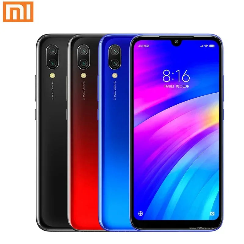 Smartphones Xiaomi avec caméra double AI en noir, rouge et bleu affichant écran coloré