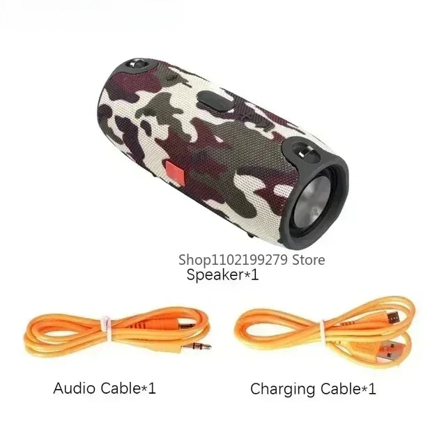 Enceinte Bluetooth camouflage avec câble audio et câble de recharge orange
