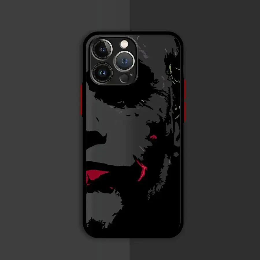 Coque de téléphone noire avec illustration stylisée visage sombre et accents rouges pour iPhone