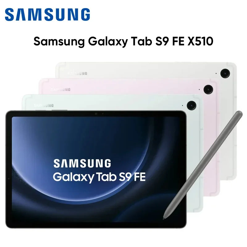Tablette Samsung Galaxy Tab S9 FE X510 avec stylet, affiche écran bleu et arrière en blanc, rose et vert