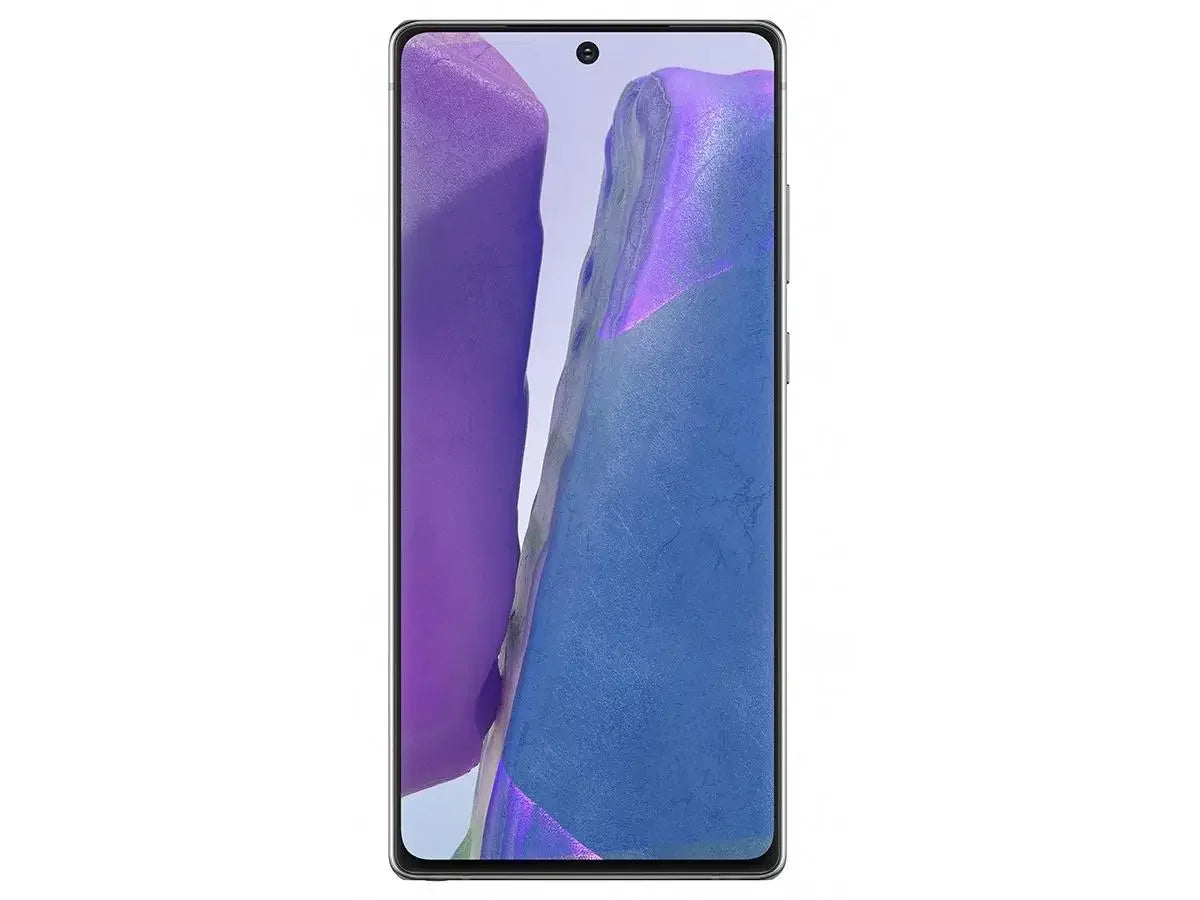 Smartphone moderne avec écran bord à bord et fond violet et bleu abstrait