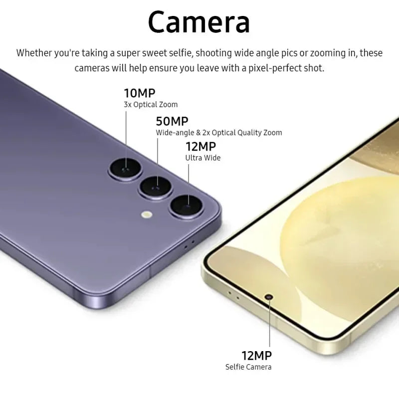 Smartphone violet montrant triple caméra arrière 50MP, 12MP ultra grand-angle, 10MP zoom optique et caméra selfie 12MP