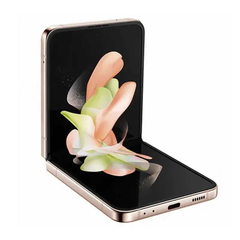 Smartphone pliable or avec écran incurvé et design moderne affichant une image florale colorée