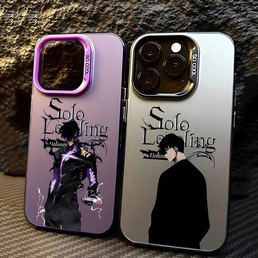 Coques de téléphone Solo Leveling avec illustration sombre de personnage sur fond violet et gris
