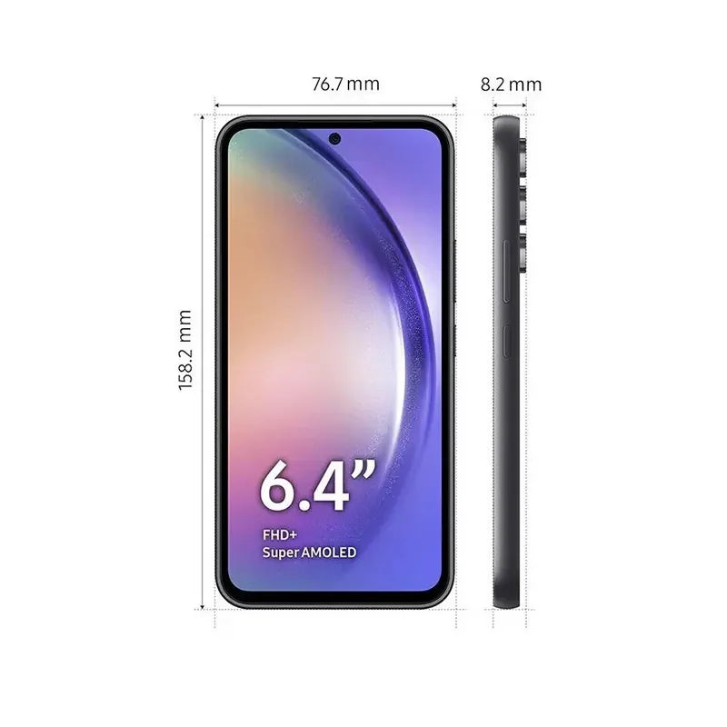 Smartphone avec écran Super AMOLED FHD+ de 6,4 pouces, dimensions 158,2x76,7x8,2 mm vue avant et côté