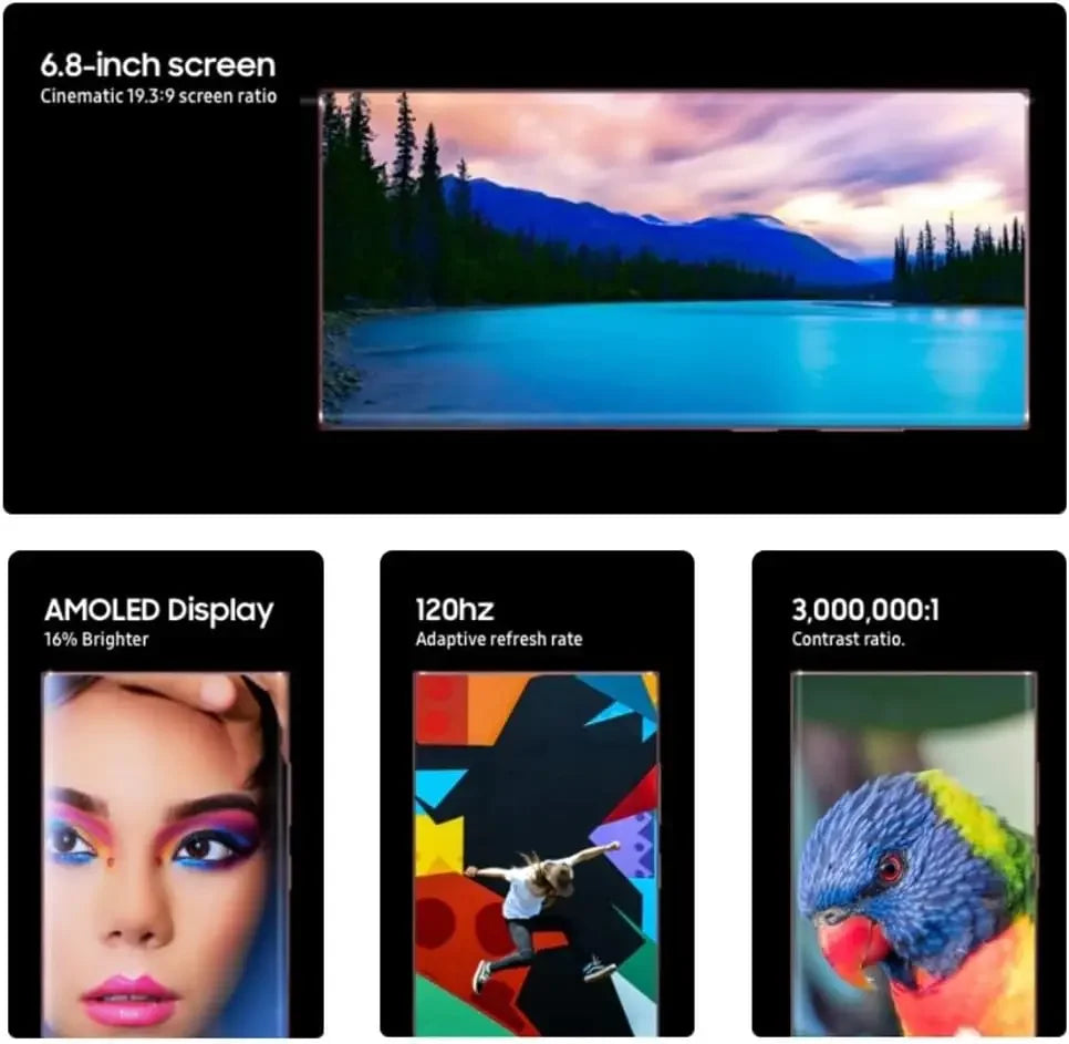Écran AMOLED 6,8 pouces avec taux de rafraîchissement 120Hz et contraste 3 000 000:1 affichant paysage, portrait et oiseau coloré