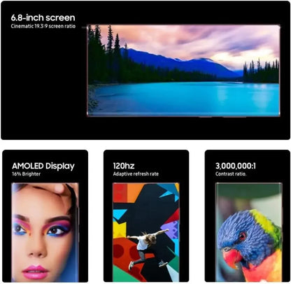 Écran AMOLED 6,8 pouces avec taux de rafraîchissement 120Hz et contraste 3 000 000:1 affichant paysage, portrait et oiseau coloré