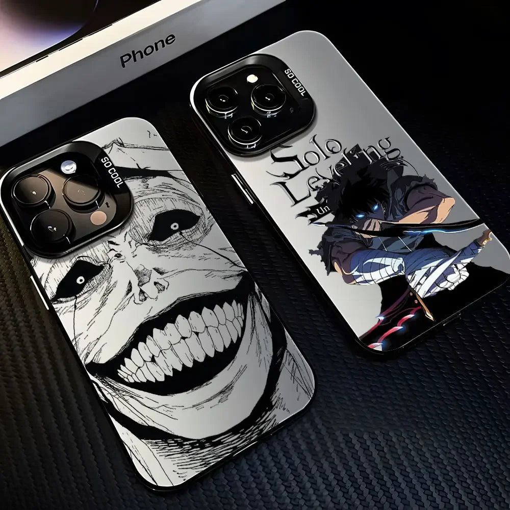 Coques de téléphone avec illustrations manga, visage effrayant et personnage Solo Leveling armé