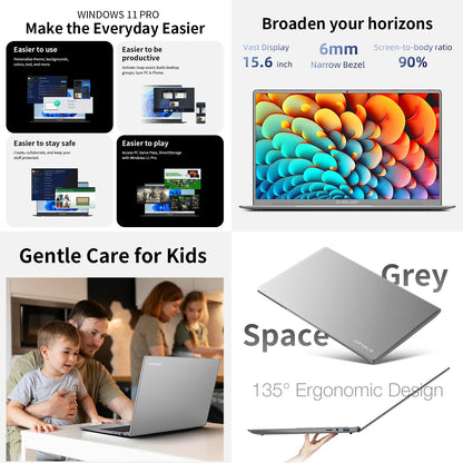 Ordinateur portable Windows 11 Pro 15,6 pouces écran large 6mm bordure étroite 90% écran-corps gris Space