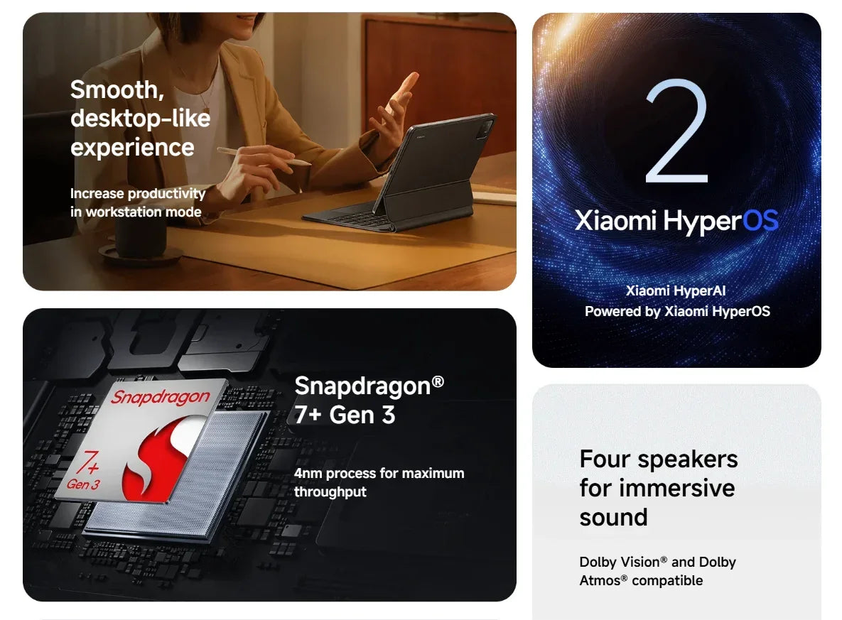 Publicité Xiaomi tablette avec clavier, processeur Snapdragon 7+ Gen 3, OS HyperOS, son immersif Dolby Atmos