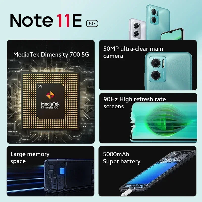 Smartphone Note 11E 5G avec processeur MediaTek Dimensity 700, caméra 50MP, écran 90Hz, grande mémoire, batterie 5000mAh