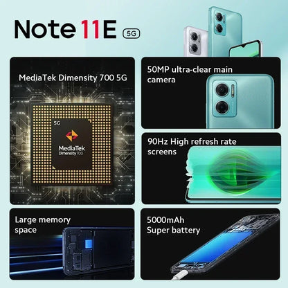 Smartphone Note 11E 5G avec processeur MediaTek Dimensity 700, caméra 50MP, écran 90Hz, grande mémoire, batterie 5000mAh