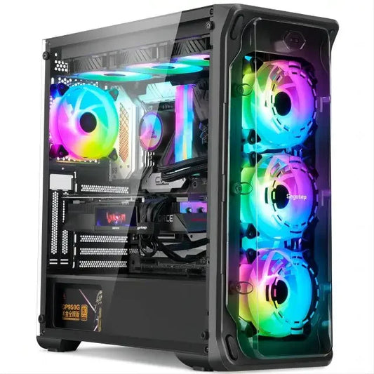 Ordinateur gaming avec boîtier transparent et ventilateurs RGB multicolores lumineux