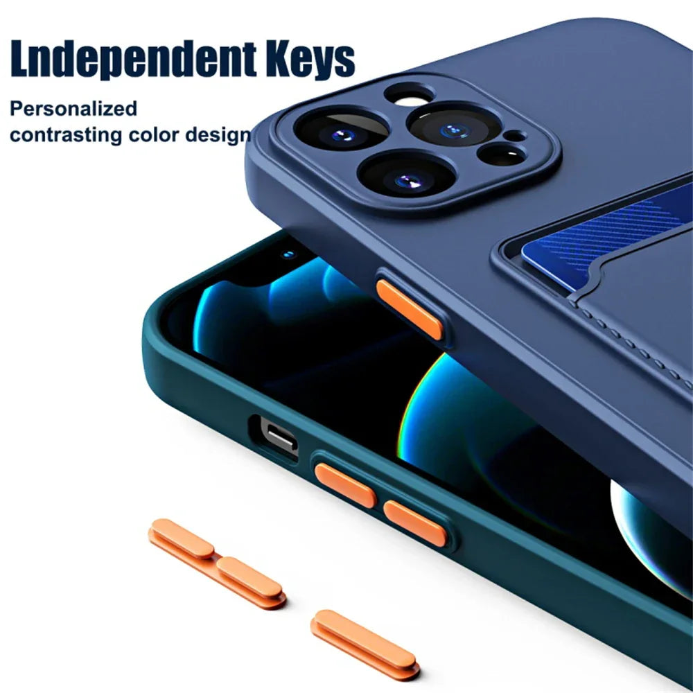 Coques de smartphone bleu avec boutons orange contrastants et porte-cartes intégré