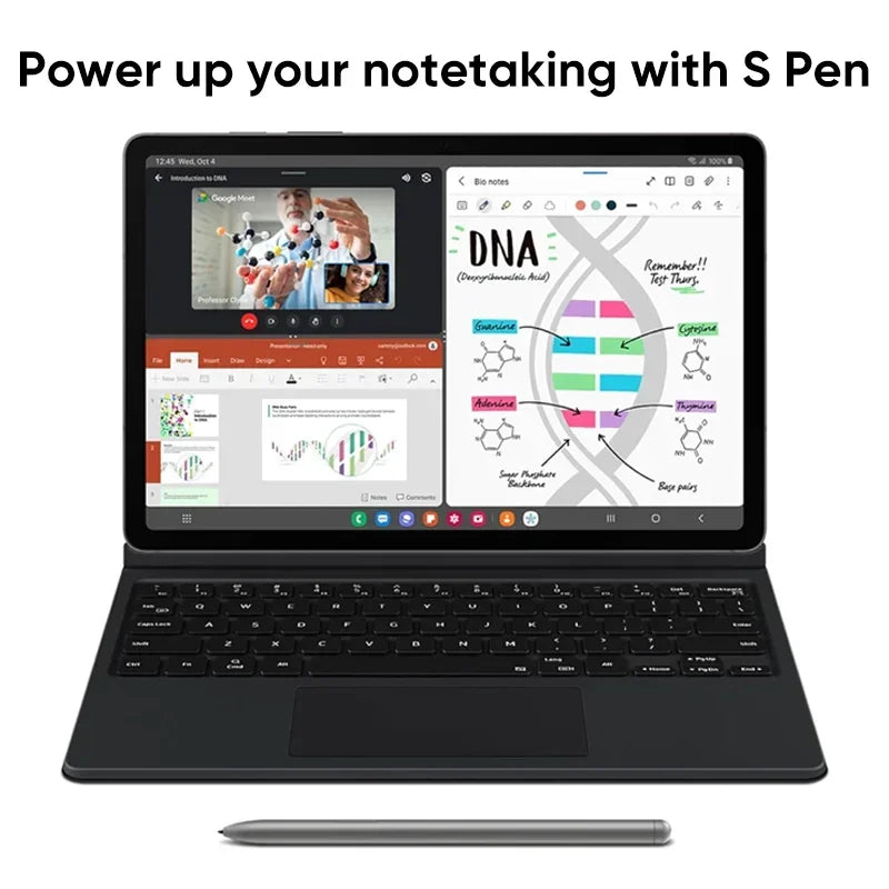 Tablette noire avec clavier détachable et stylet S Pen, écran affichant prise de notes et visioconférence