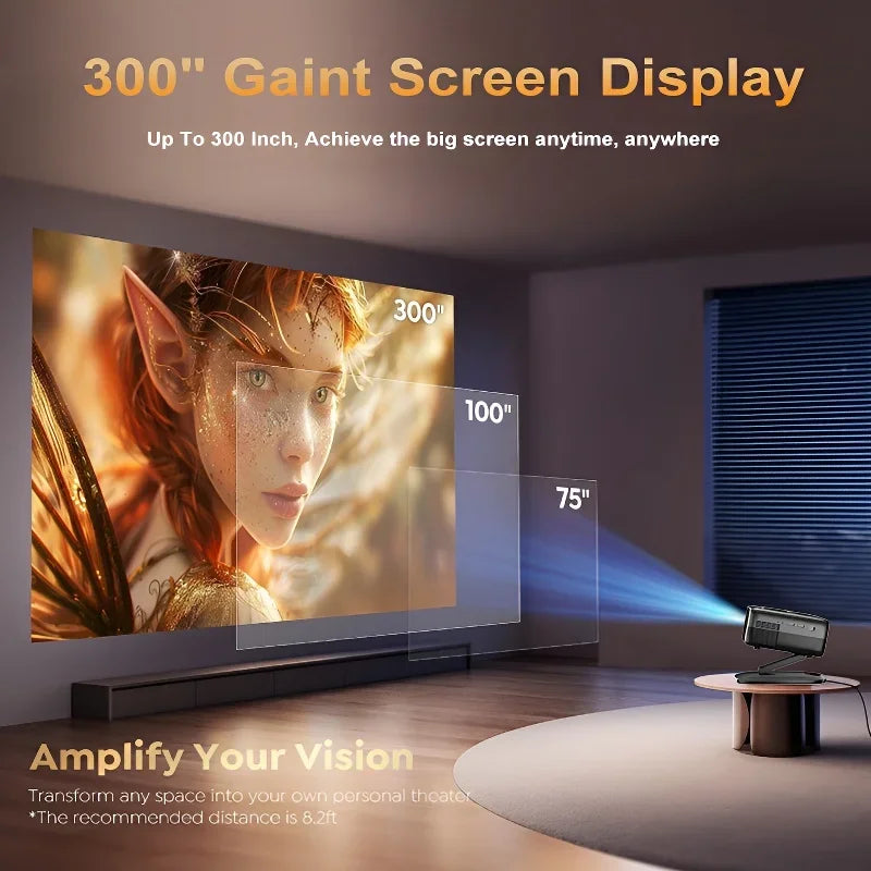 Projecteur dans un salon projetant une image fantastique d'elfe sur un écran géant jusqu'à 300 pouces