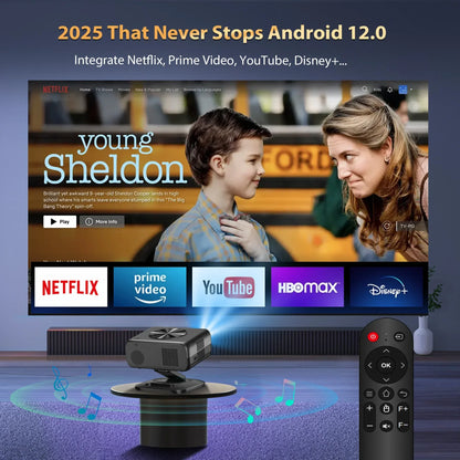 Projecteur Android 12.0 diffusant sur écranNetflix, Prime Video, YouTube, HBO Max, Disney+, télécommande noire