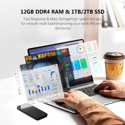 Ordinateur portable avec 12GB DDR4 RAM et SSD 1TB/2TB, multitâche fluide, smartphone et café