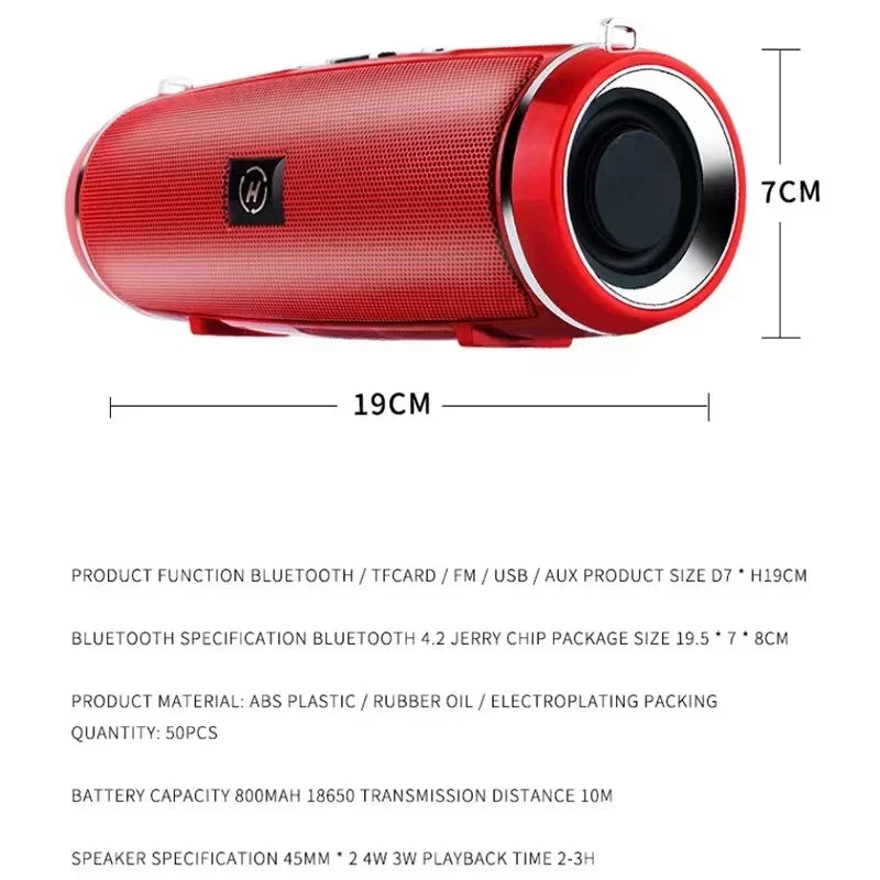 Enceinte bluetooth portable rouge, dimensions 19x7 cm avec haut-parleur 45 mm, connexion USB, FM, TF card