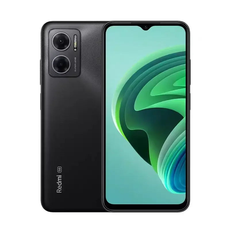 Smartphone Redmi 5G noir avec double caméra arrière et écran affichant un fond vert abstrait