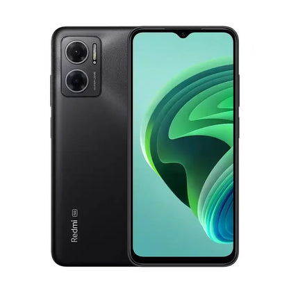 Smartphone Redmi 5G noir avec double caméra arrière et écran affichant un fond vert abstrait