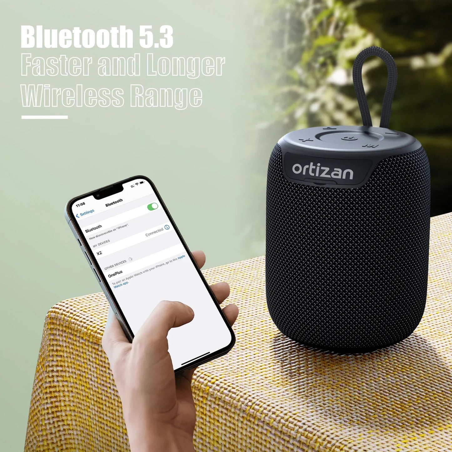 Enceinte Bluetooth noire Ortizan avec smartphone connectée, textile et design portable