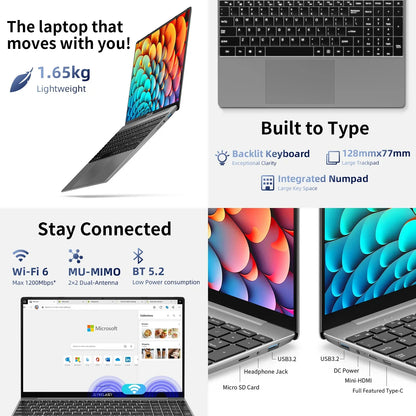 Ordinateur portable léger 1,65 kg avec clavier rétroéclairé, pavé tactile large, connectivité Wi-Fi 6, Bluetooth 5.2 et ports USB 3.2