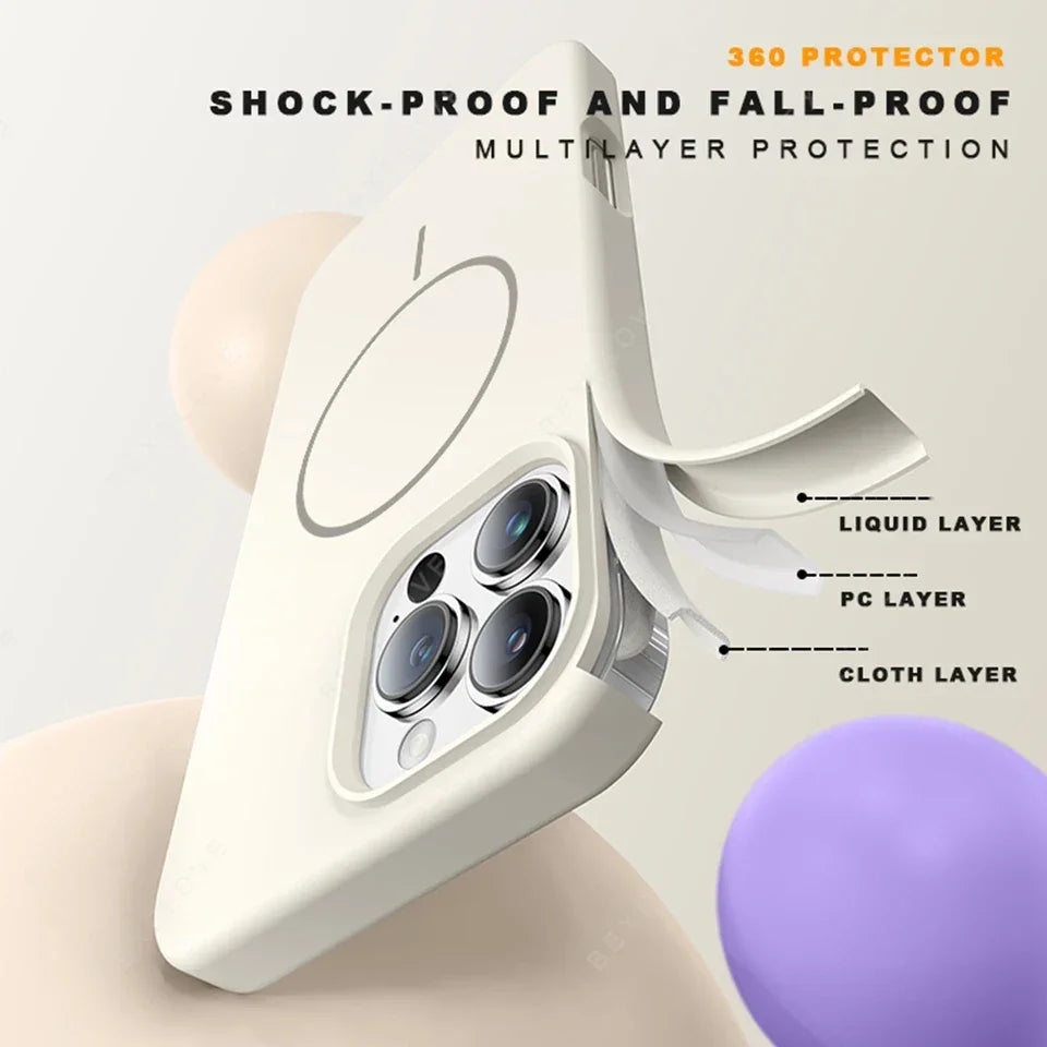 Coque iPhone beige offrant protection 360° avec couches liquide, PC et tissu, anti-choc et anti-chute