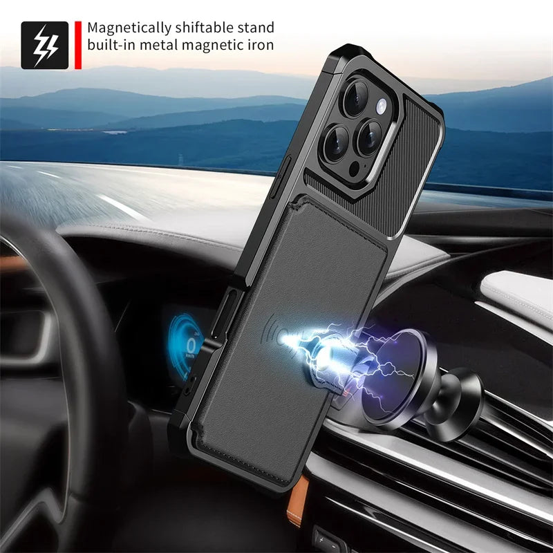 Support de voiture magnétique pour smartphone avec coque de protection en cuir noir sur tableau de bord