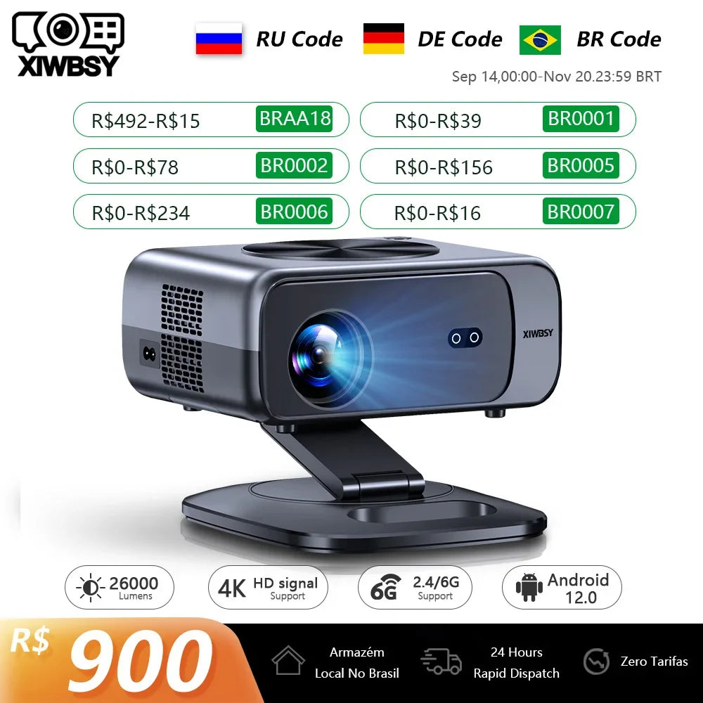 Projecteur XIWBSY noir avec support articulé, luminosité 26000 lumens, 4K, Wi-Fi 6G, Android 12.0