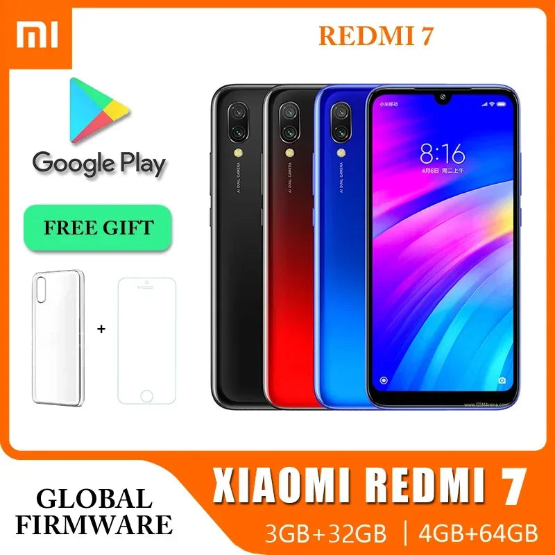 Smartphones Xiaomi Redmi 7 en noir, rouge et bleu avec écran coloré, offre cadeau et firmware global