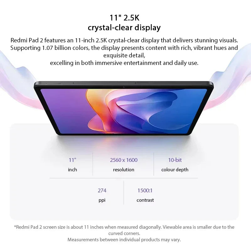 Tablette Redmi Pad 2 avec écran 11 pouces 2.5K, résolution 2560x1600, profondeur de couleur 10 bits