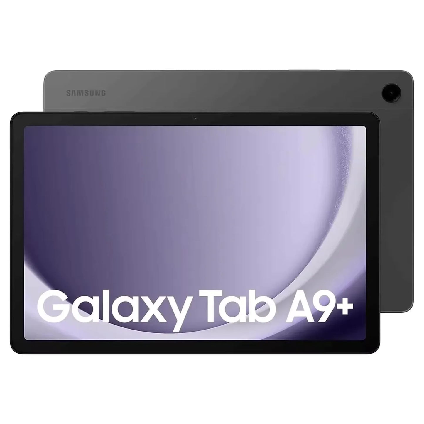 Tablette Samsung Galaxy Tab A9+ en gris, vue avant et arrière avec écran allumé