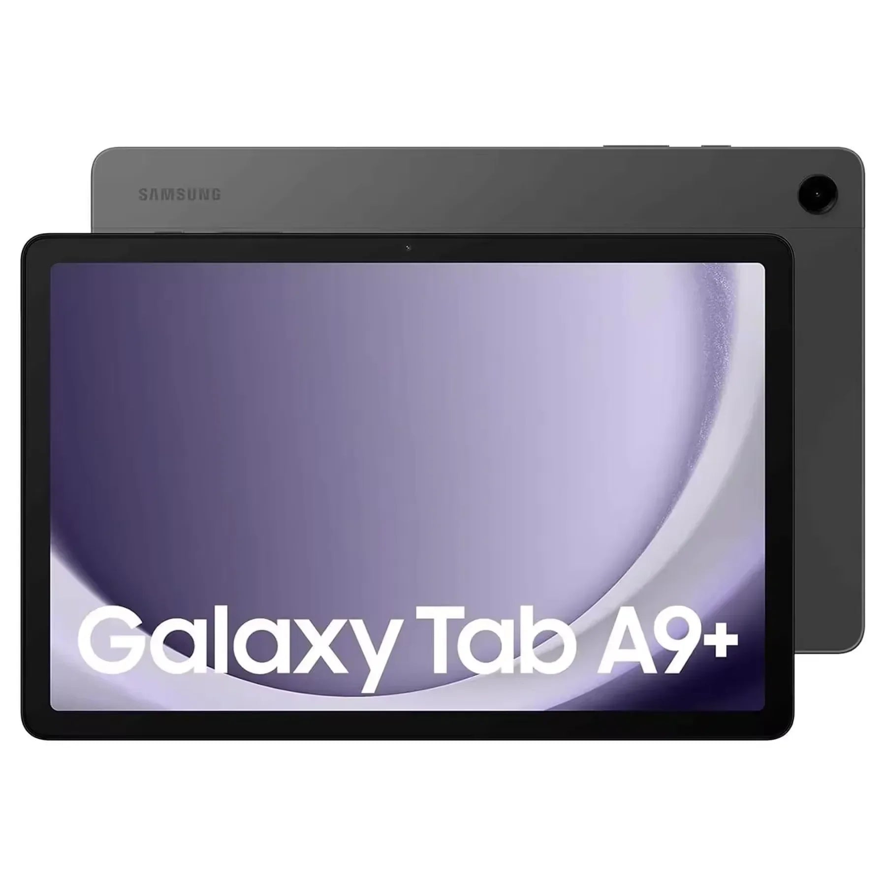 Tablette Samsung Galaxy Tab A9+ en gris, vue avant et arrière avec écran allumé
