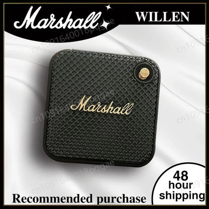 Marshall Willen mini enceinte portable noire à texture quadrillée, design compact, logo doré