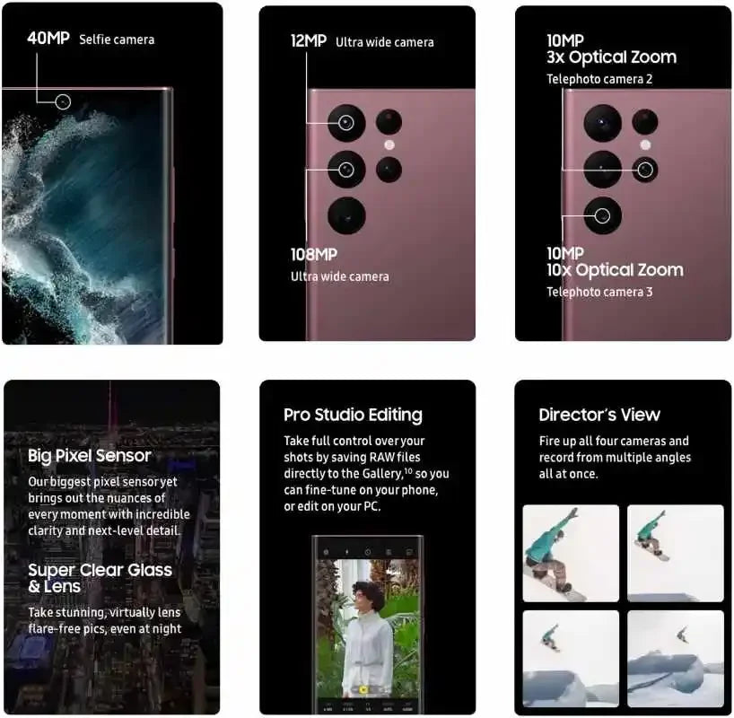 Détails des caméras smartphone avec capteurs 40MP, 108MP, zoom optique 3x et 10x, édition Pro Studio