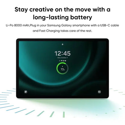 Tablette Samsung Galaxy avec écran verrouillé affichant batterie à 72% et indication de charge rapide