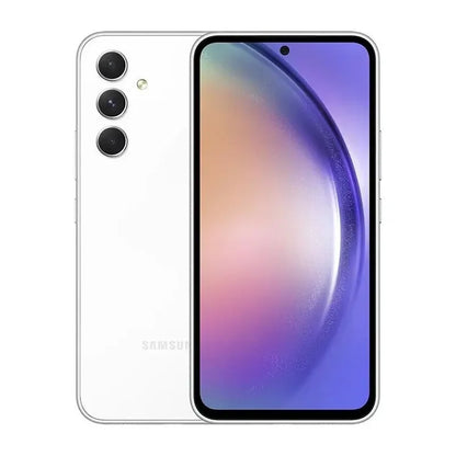 Smartphone blanc Samsung avec triple caméra arrière et écran incurvé couleur dégradée violet orangé