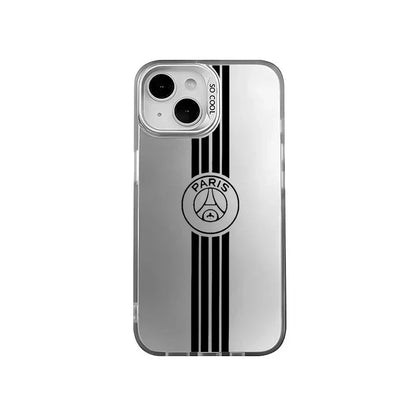 Coque de smartphone transparente avec logo Paris et bandes noires verticales, design élégant pour iPhone