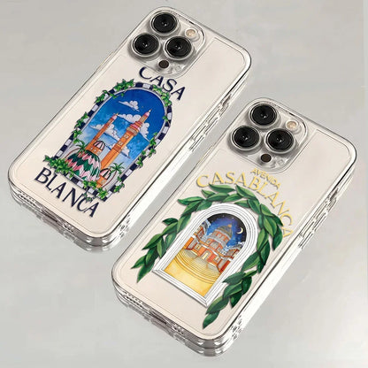 Coques de téléphone transparentes avec illustrations Casa Blanca et motifs architecturaux colorés et feuillage