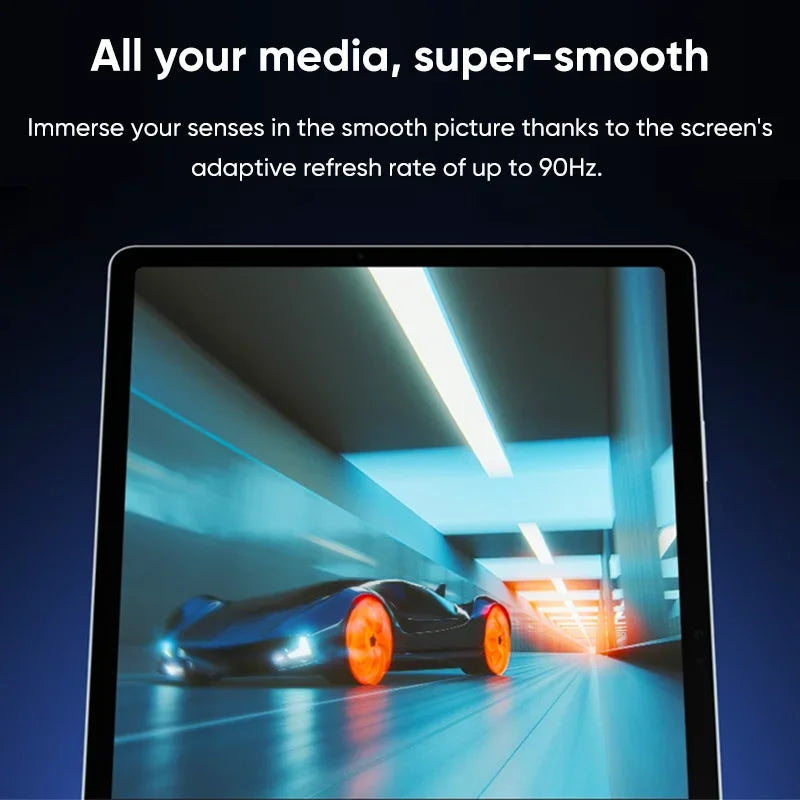 Publicité d'un écran avec une image fluide d'une voiture sportive noire aux roues orange dans un tunnel éclairé