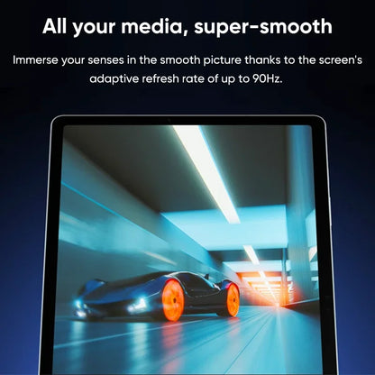 Publicité d'un écran avec une image fluide d'une voiture sportive noire aux roues orange dans un tunnel éclairé