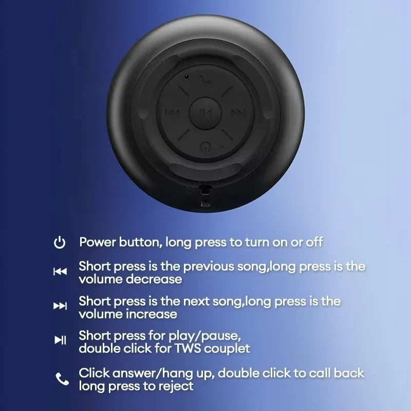 Télécommande circulaire noire avec boutons pour lecture, volume, appel et pause sur fond dégradé bleu