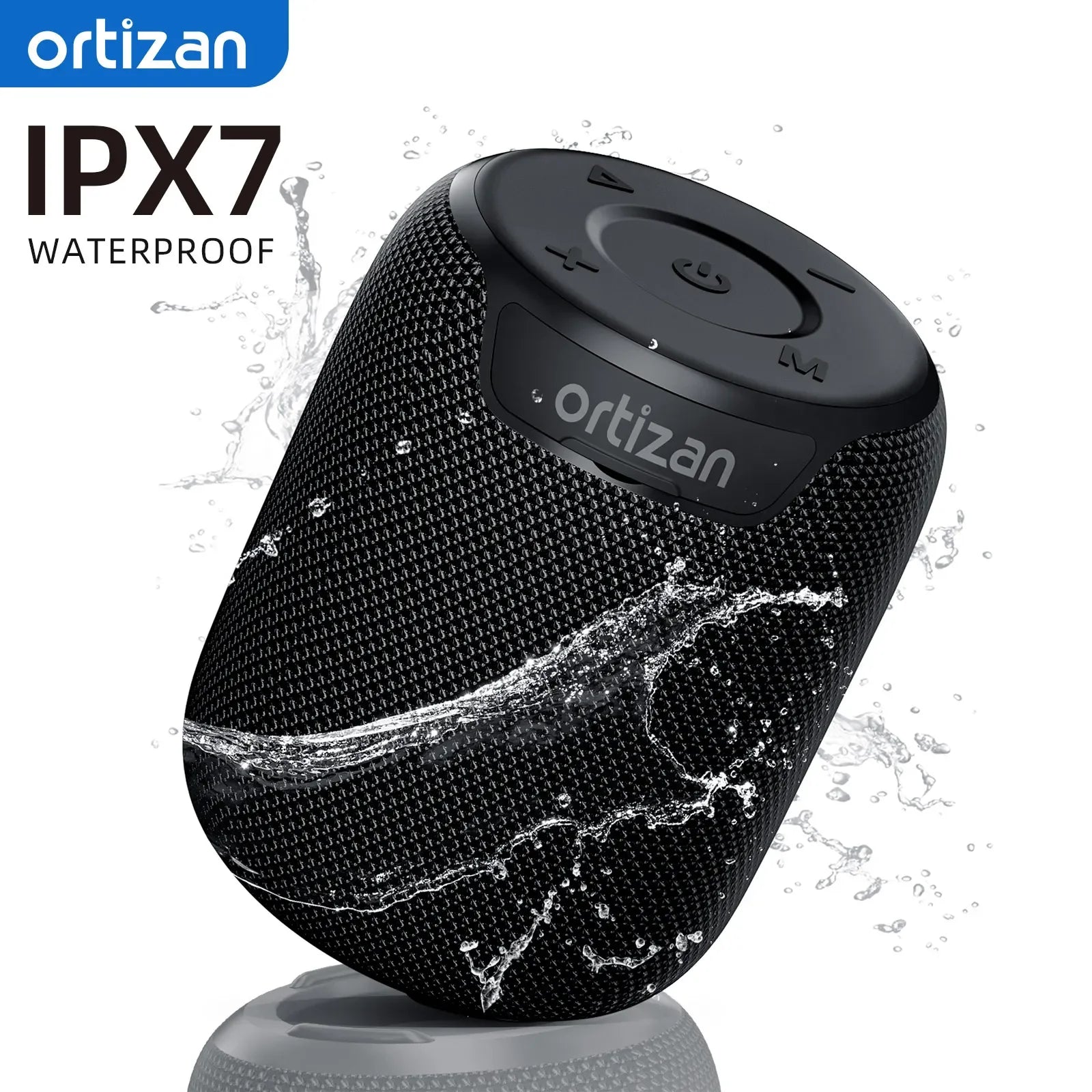 Enceinte Bluetooth Ortizan noire étanche IPX7 avec jets d'eau, design compact et boutons intégrés