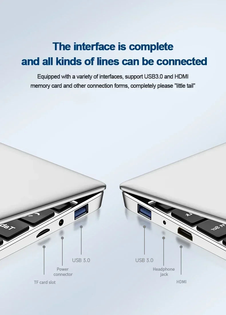 Ordinateur portable argent avec interfaces USB 3.0, HDMI, slot carte TF, prise casque et connecteur d'alimentation