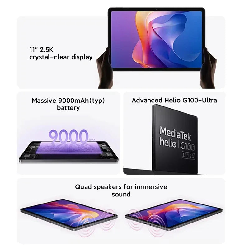 Tablette 11 pouces 2.5K avec batterie 9000mAh, processeur Helio G100 Ultra et haut-parleurs quad