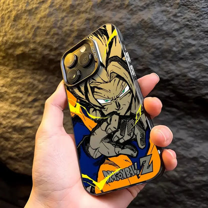 Coque de téléphone Dragon Ball Z avec illustration de personnage en bleu et orange, tenue poing vers l'avant